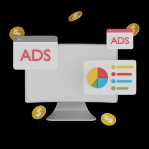 3D illustration of paid advertising with ads windows, coins, and analytics chart on a computer screen.